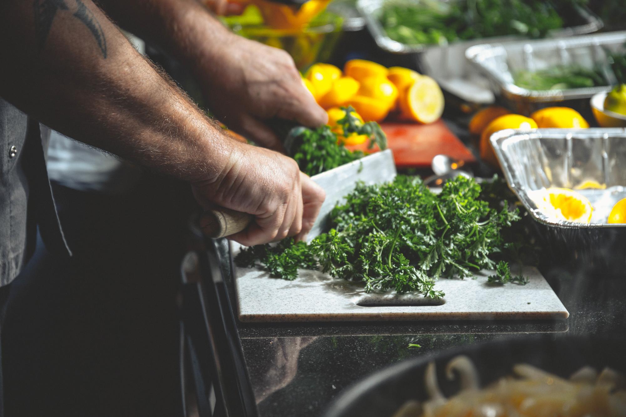 Fresh herbs and produce on a market stall